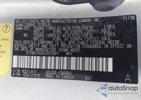 2007 Lexus Rx 350 from USA, damaged, VIN 2T2GK31U97C023901